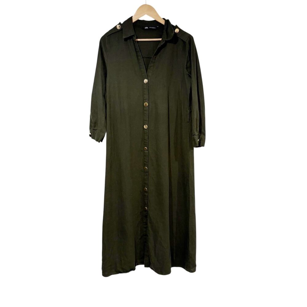 Zara Linen Button Down Dress Women's Medium Green Gold Tone Accents